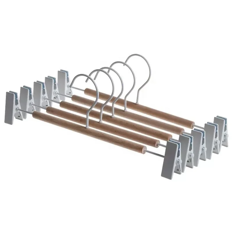LM8301 Hot Sale New Design Natural Beech Wooden Metal Pant clips Hangers For Clothes