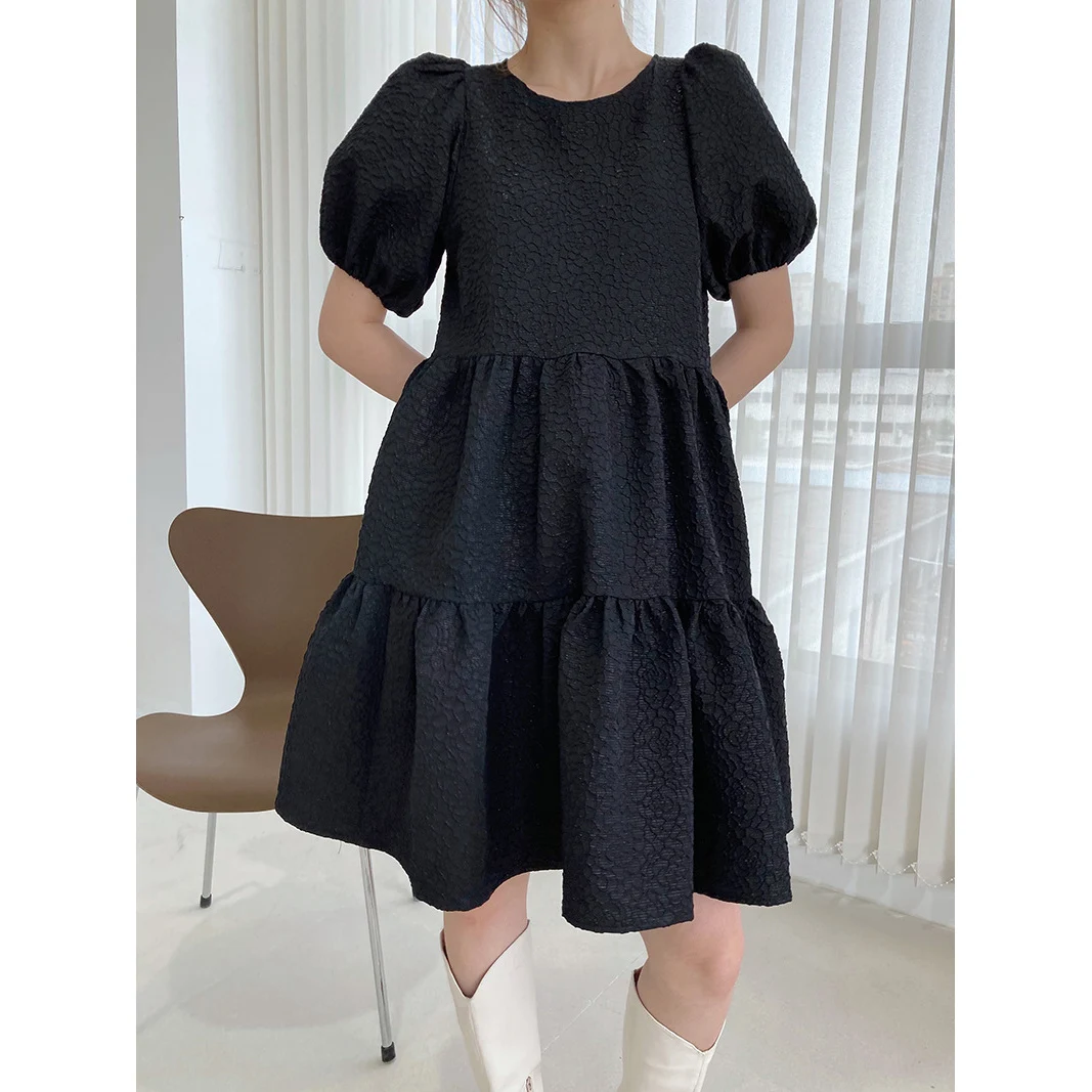 
2021Solid women vintage casual short bubble sleeve black jacquard loose oversized prom dresses 