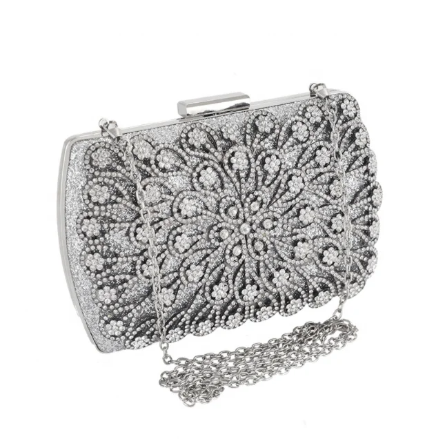 Wholesale evening clutch bags with crystal silver flower evening clutch women bags wedding shiny party bags