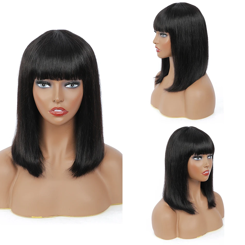 Natural Straight Short BOb Wigs With Bangs Vendors Brazilian Human Hair Wig Bulk Virgin Remy Machine Made Cheap Wigs