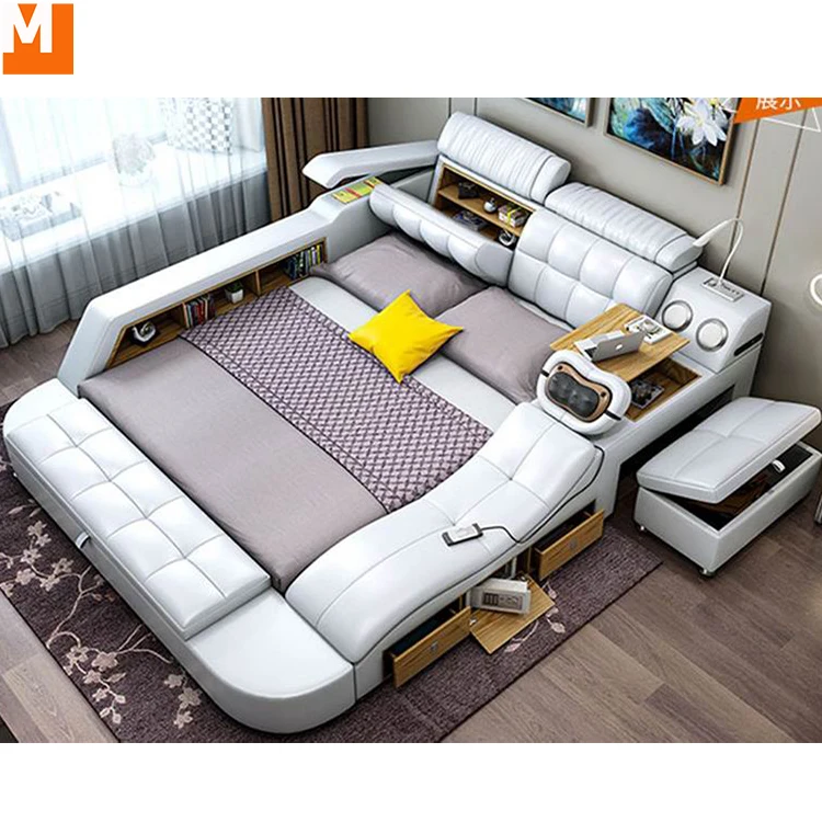 Современные King Size Кама горит Роскошные multi Функция хранения Топ чехол из натуральной кожи на платформе 1,8 м двойной кожаный диван