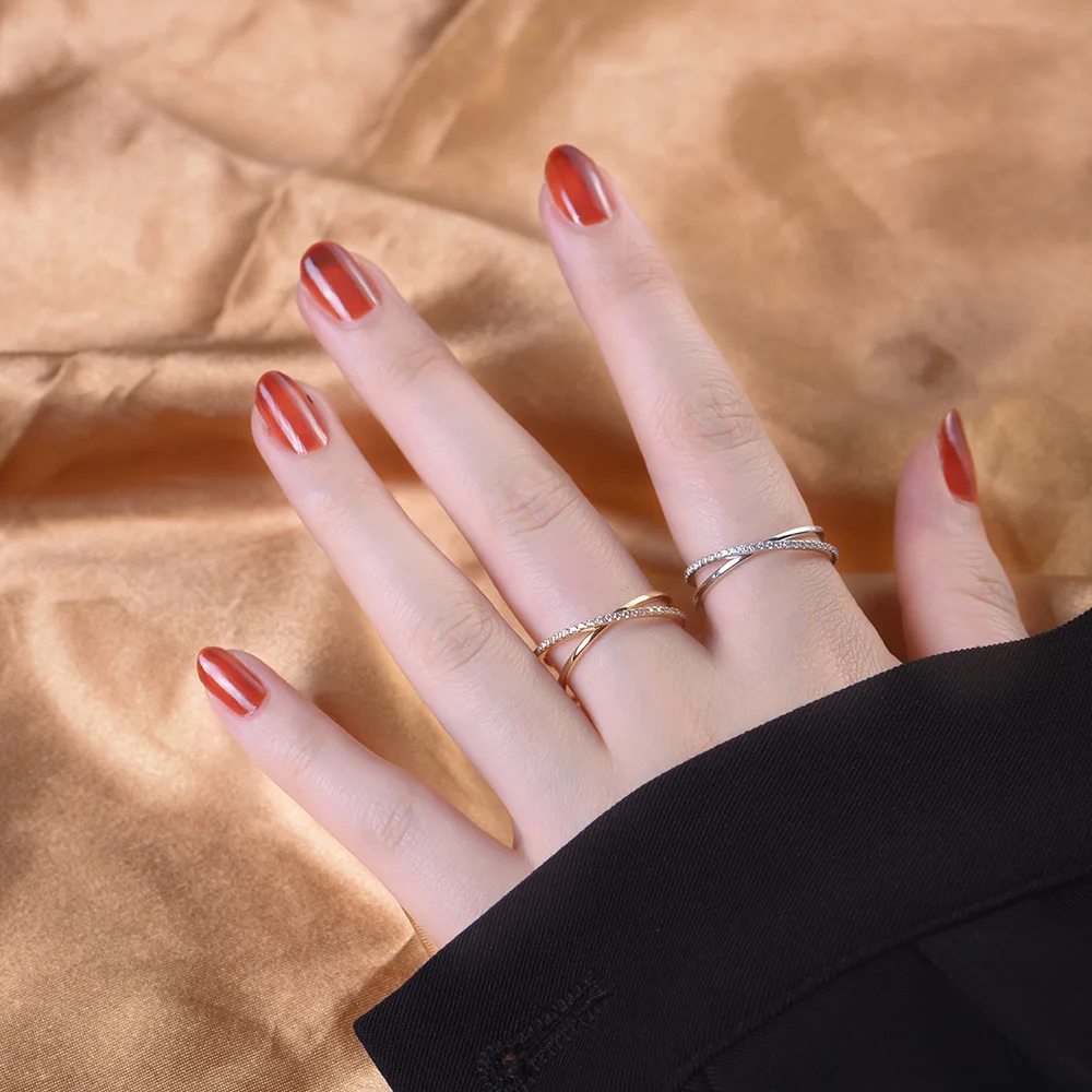 Wholesale Fashion Jewelry 925 Sterling Silver Double Circle Loop Cross Zircon Gold Plated Rings for Women