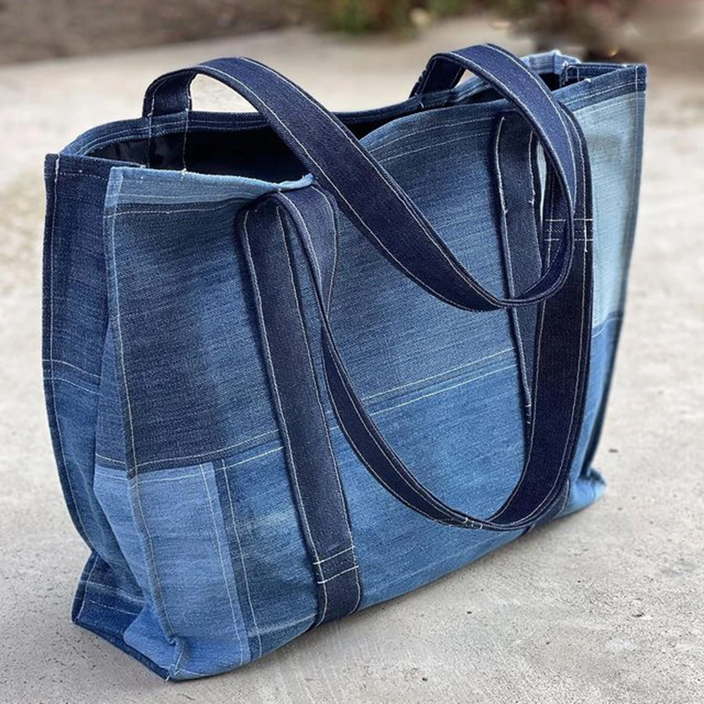 Eco-friendly Big Supermarket Handbags Reusable Grocery Daily Casual Denim Jeans Shopping Bag