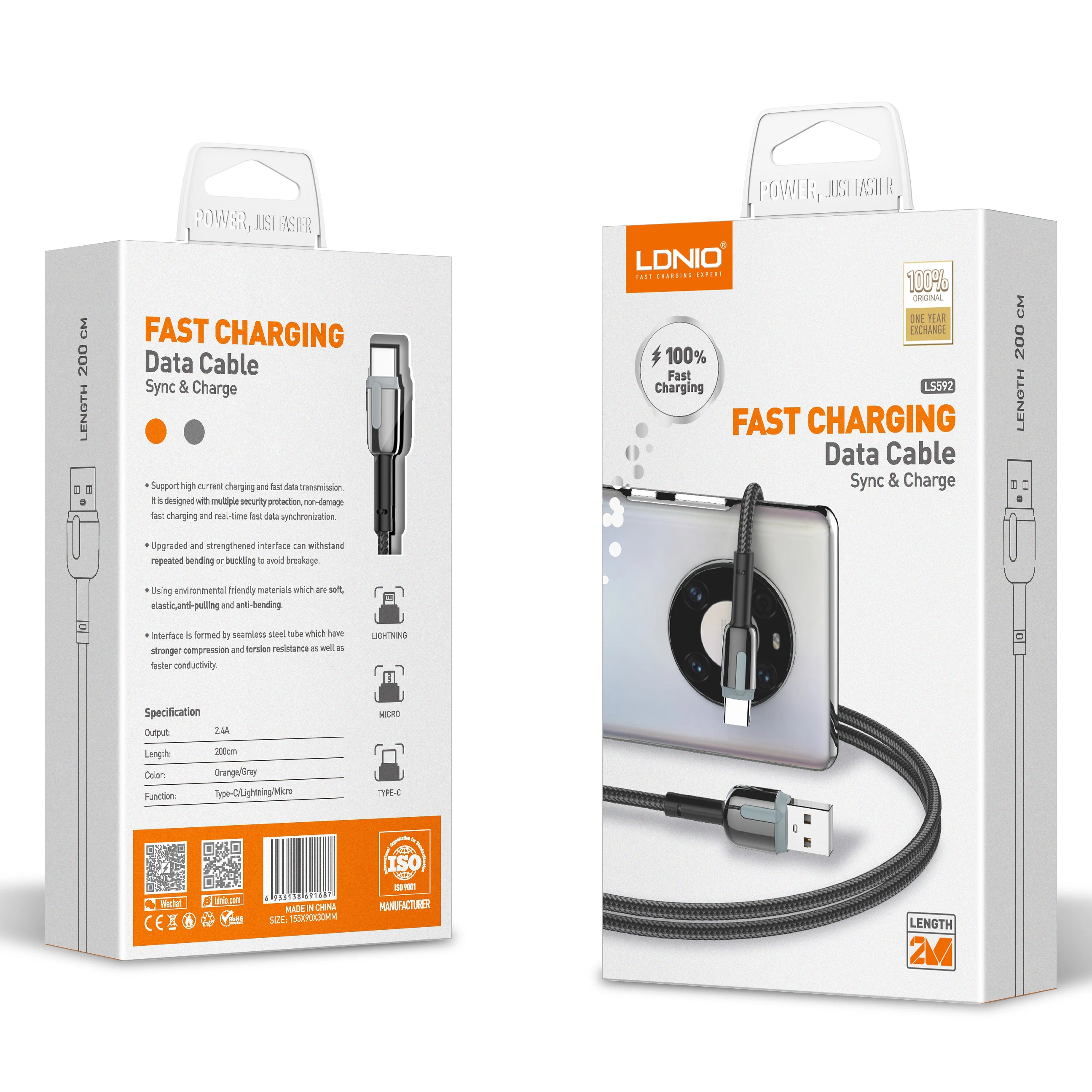 LDNIO Wholesale Charging Cable LS592 Nylon Braided Aluminum Alloy USB Cable Mobile Phone Fast Charging USB Data Cable Type C