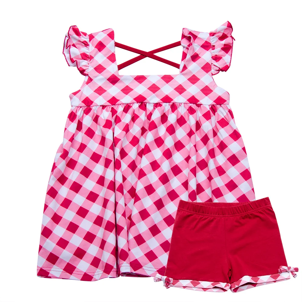 summer spring sleeveless floral printing tunic top with matching pink plaid shorts summer girls clothing sets