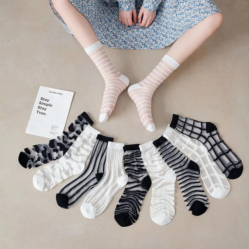 Women Summer Thin Zebra Pattern Spot Silk Sheer Socks Summer Transparent Socks For Women