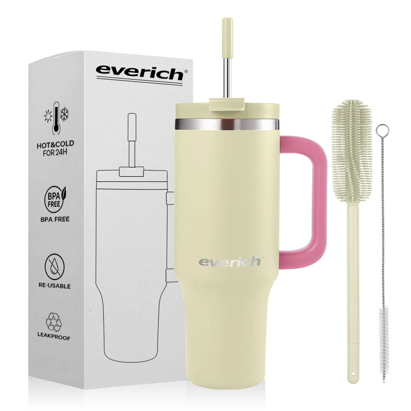 Everich 40oz тумблер ODM с двойной стенкой теплоизолированный 304 стакан из нержавеющей стали ручкой и соломой