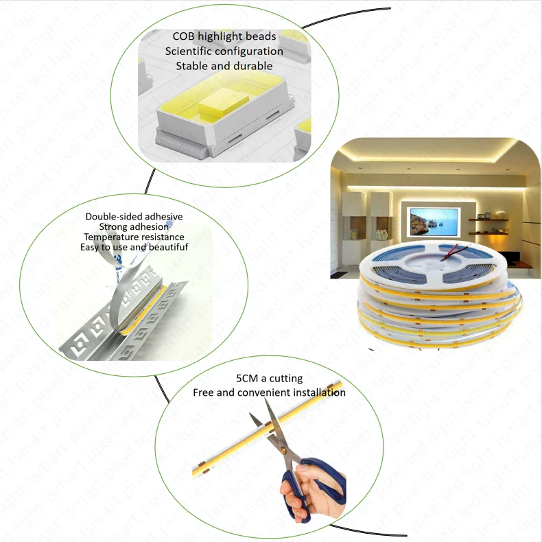 Полноцветный ip65 Водонепроницаемый разъем 480 светодиодов/м dc24v 5 м/рулон гибкая светодиодная лента cob