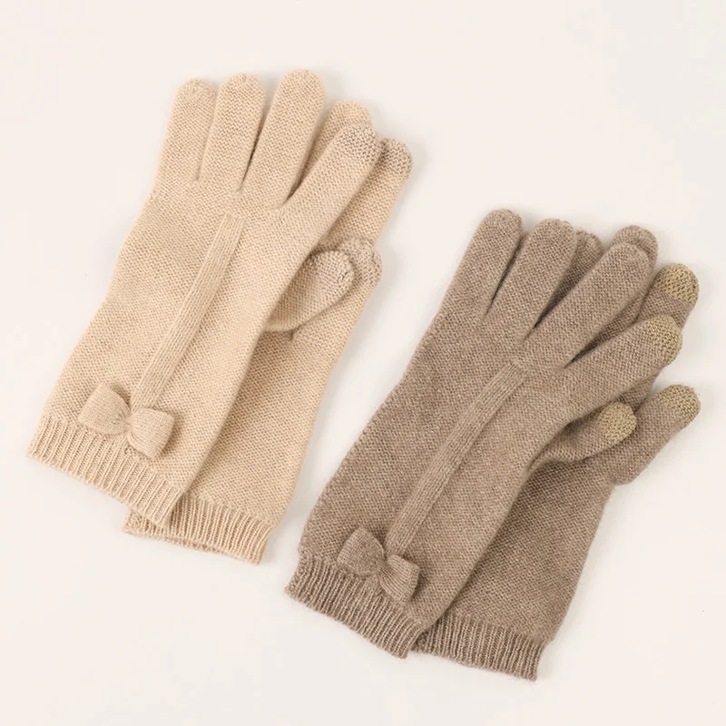 bow-knot decoration cashmere gloves & mittens fashion women winter warm knit full finger touch screen gloves
