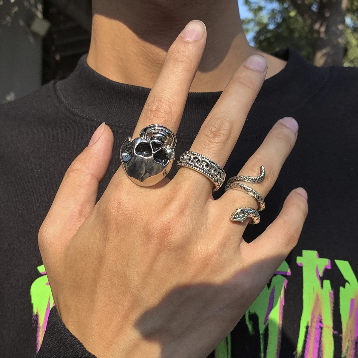 3Pcs/Set Silver Vintage Skull Snake Ring Set Gothic Punk Rings for Men Exaggerated Personality Halloween Jewelry anel masculino