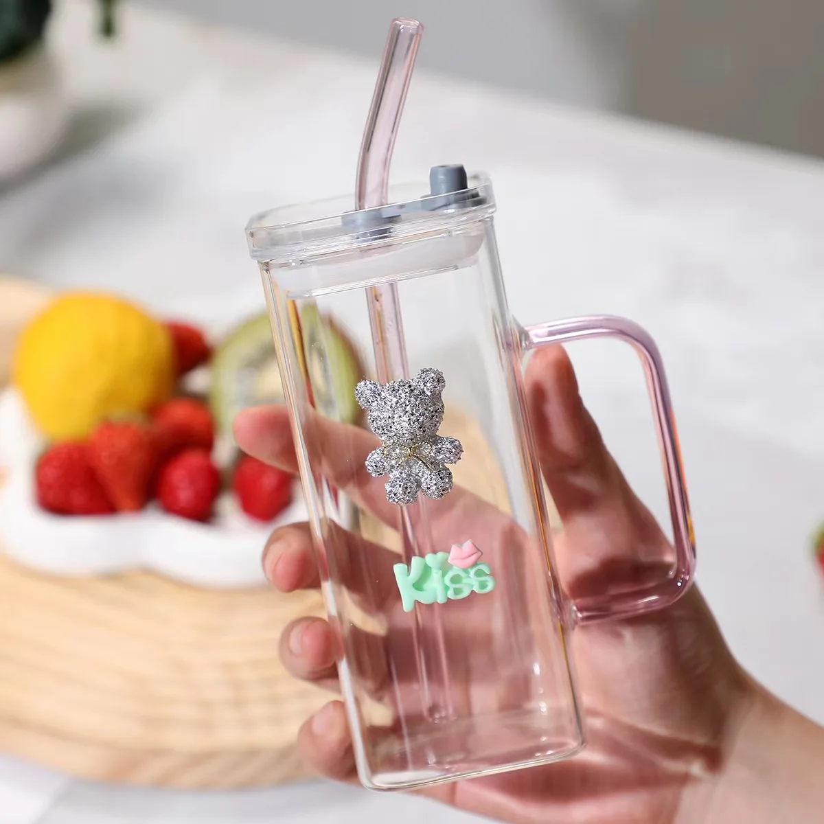 350ml High Beauty high borosilicate square glass cup with lid and straw