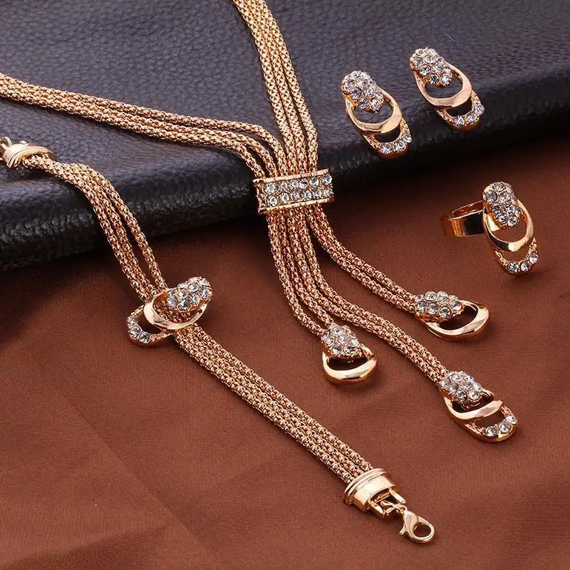 Fashion 18k Gold Trendy Rhinestone Necklace Earrings Ring Bracelet Sets For Women African Bridal Wedding Jewelry 4Pcs Sets
