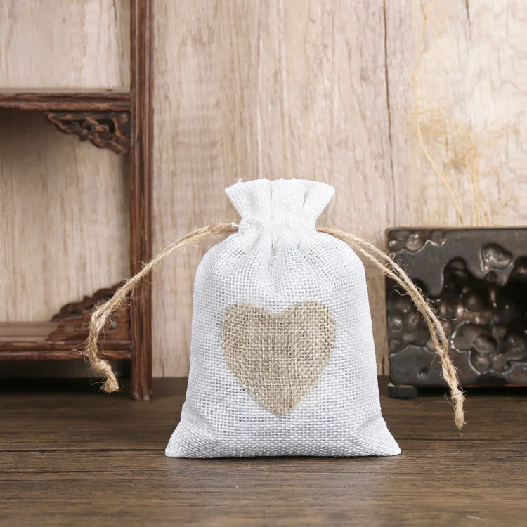 4 x 6 Inch Heart Drawstring Pouch Candy Gift Linen Pockets for Wedding Party Birthday Christmas Thanksgiving