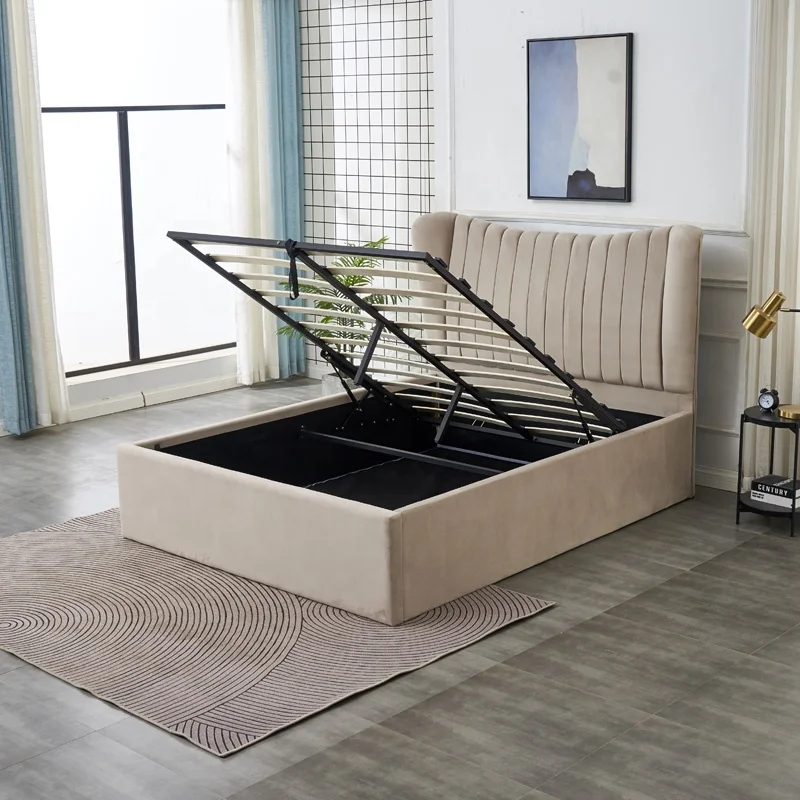 Latest Full Size Upholstered Bed Best Quality Tufted High Headboard King Size Ottoman Storage Double Bed Frame