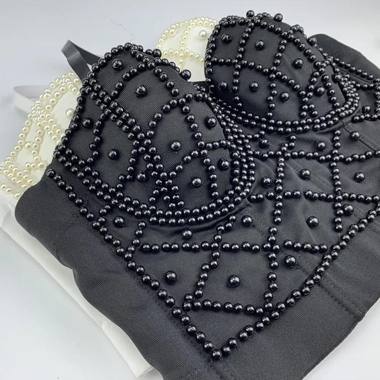 Hot Sales Fashion Corset Top Women Black Bead Pearl Decoration Bra Party Women Strapless Half Cup Bustier