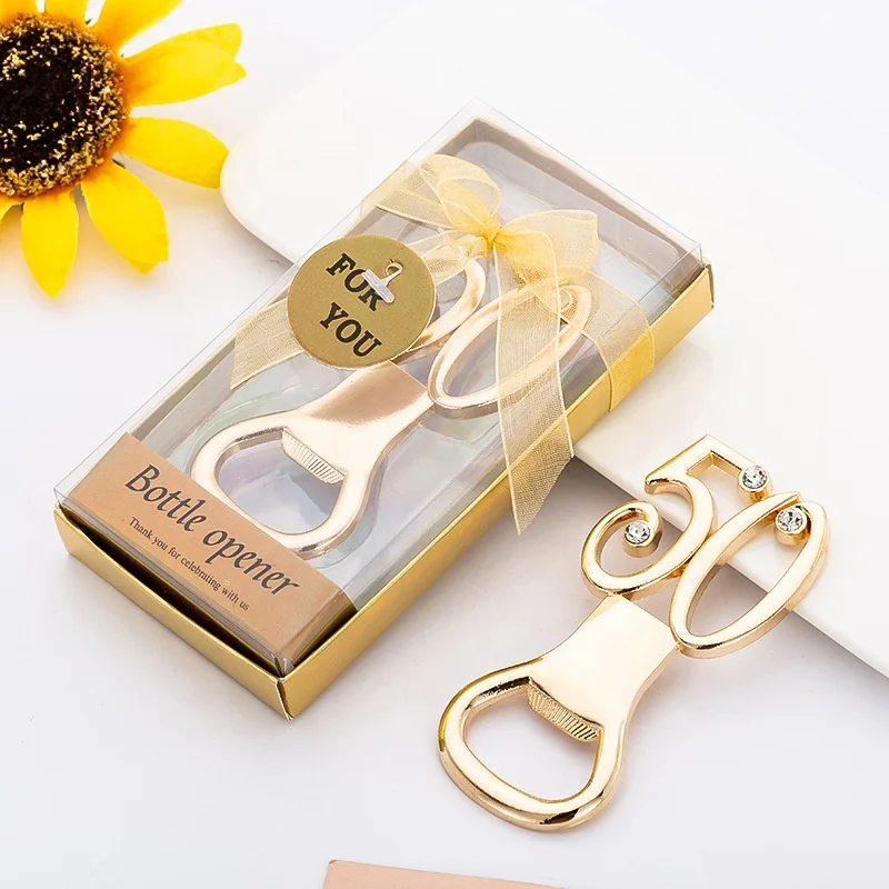New Fashion Metal Zinc Alloy Gold 50 Anniversary Celebration Party Wedding Gifts Bar Beer Bottle Opener
