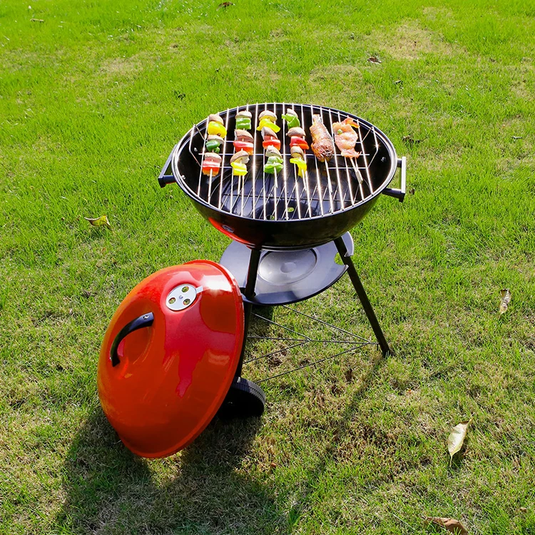 Round Charcoal Barbecue Grill Round Cast Iron Camping Portable Trolley BBQ Grill Charcoal Grill