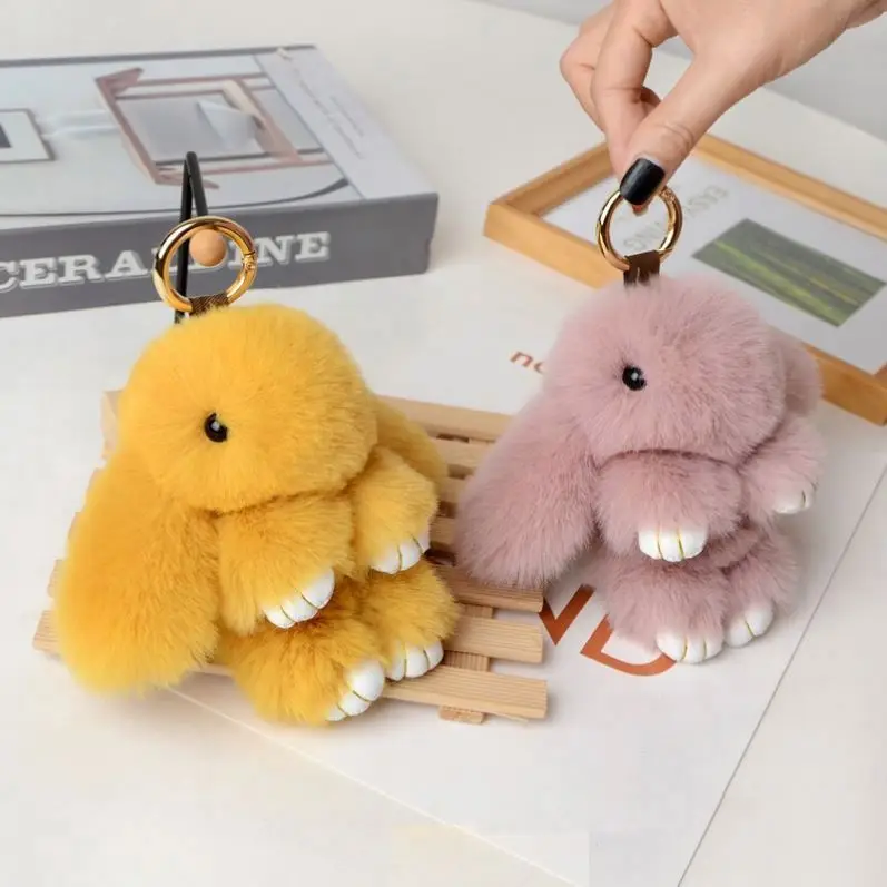 Bunny Plushie keychain toy Cute Soft Faux Fur Fluffy Bunny Pom Pom Key Chain bag charm Pendant Plush Doll Fluffy Rabbit Keychain