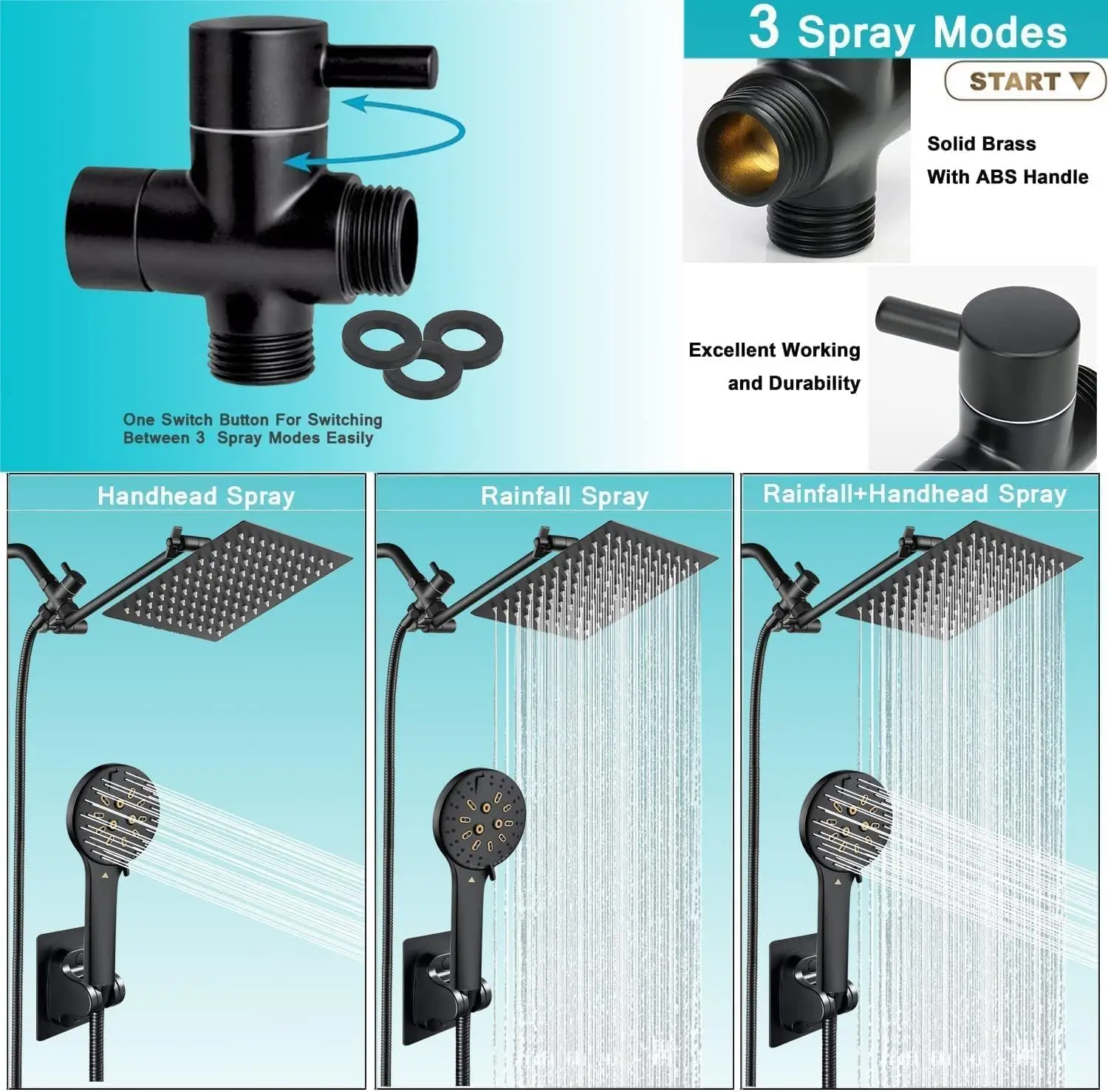 11' Extension Arm Height/Angle Adjustable 10 Inch Chrome Shower Head Quare Handheld Combo 3+6 Mode High Bath Shower Faucets