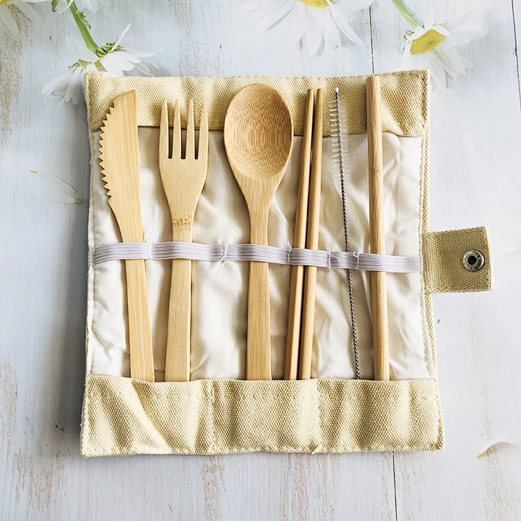 Bamboo Straw Toothbrush Spoon Fork Knife Travel Travel Utensils Wooden Disposable Bamboo Cutlery Set with Cotton Pouch