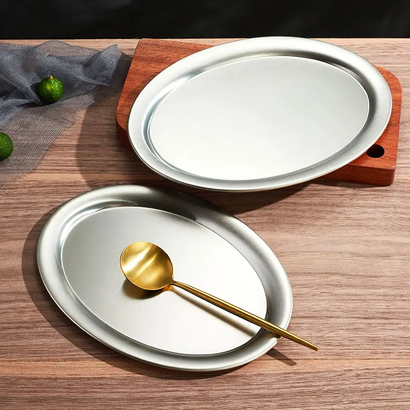 Stainless Steel 304 Oval Plate Golden Flat Bottom Thickened Shallow Barbecue Egg-shaped Dessert Tray Elegant Classic polish Dish