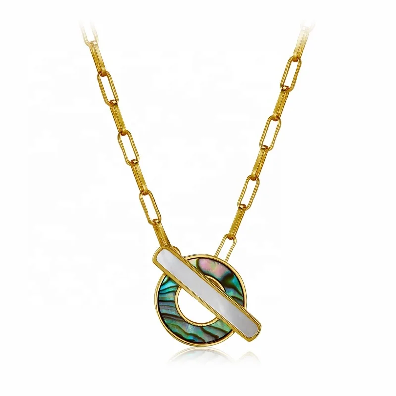 YINSAKI 14K 18K Gold Plated Toggle Clasp Necklace 925 Sterling Silver Abalone Shell Coin Pendant Paperclip Two Tone Necklace
