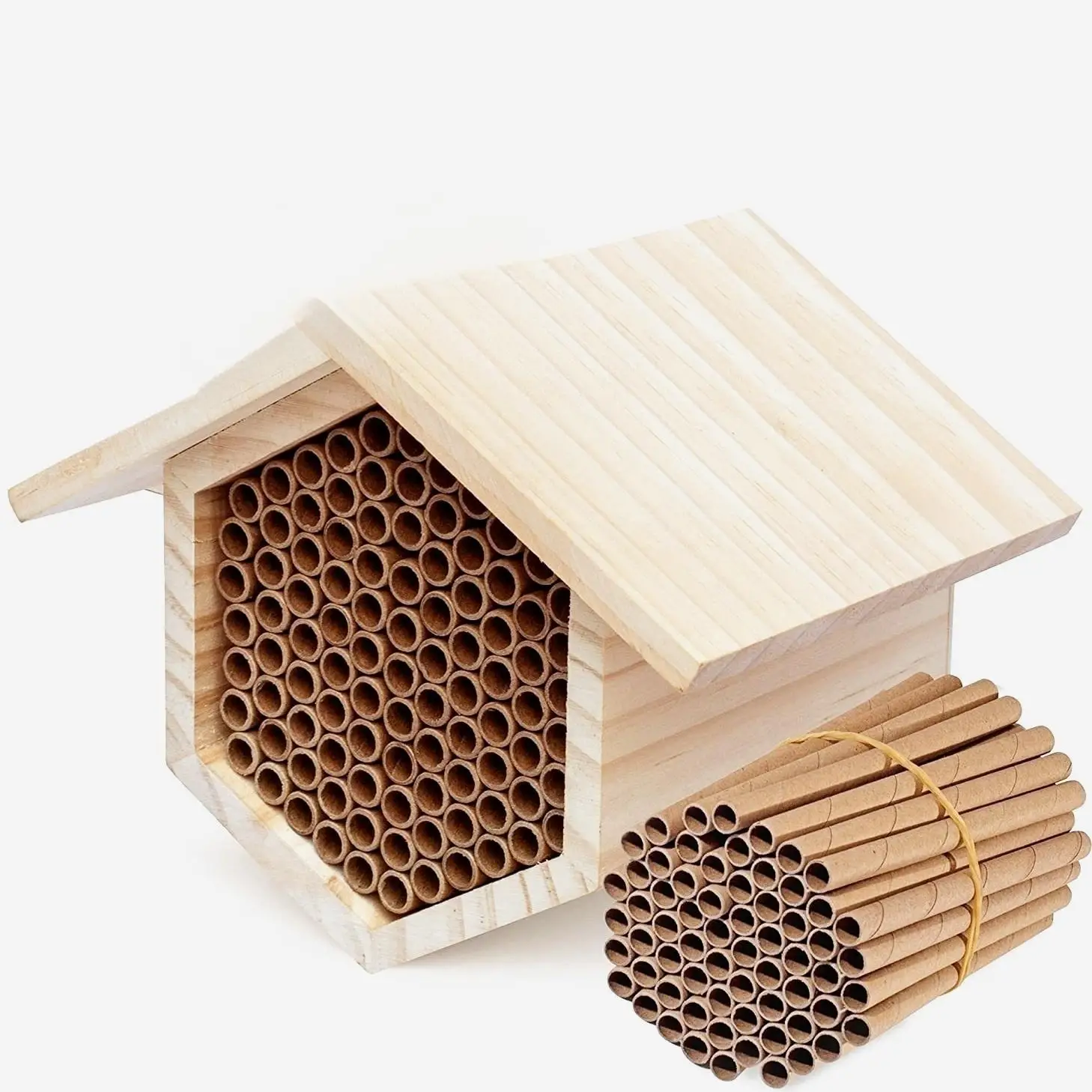 The new fillable Mason Bee House Hotel sustainably uses pine wood for nesting and paper-padded wood honeycomb