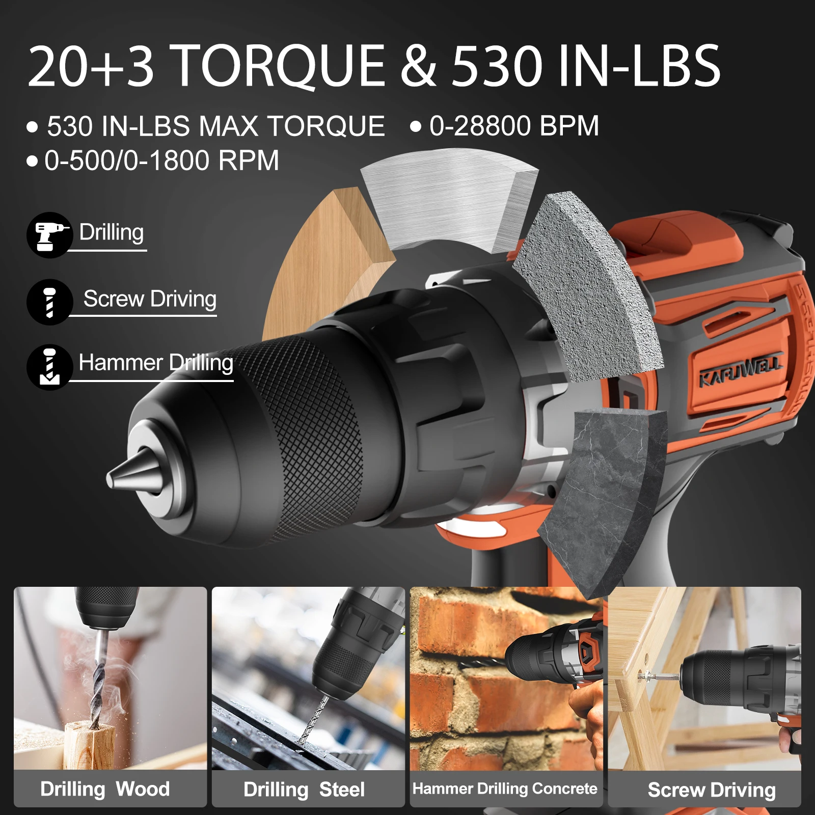 KAFUWELL PA4501HB-W-2D-1 Customized Brushless Cordless Drill 20v Battery Hammer Screw Driving 13mm Power Drills 60nm