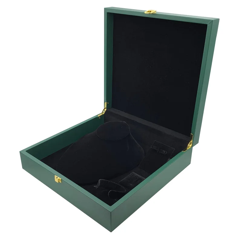 luxury custom logo green PU leather cover wooden jewelry ring earring necklace big set packaging box with metal hinge lock