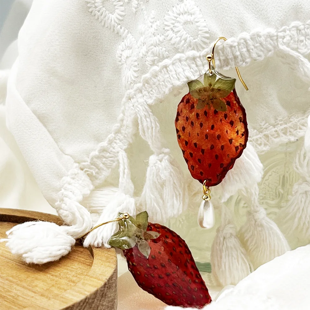 bohemian women fine jewelry 18k gold stainless steel handmade strawberry and pearl drop earrings lovely jewelry