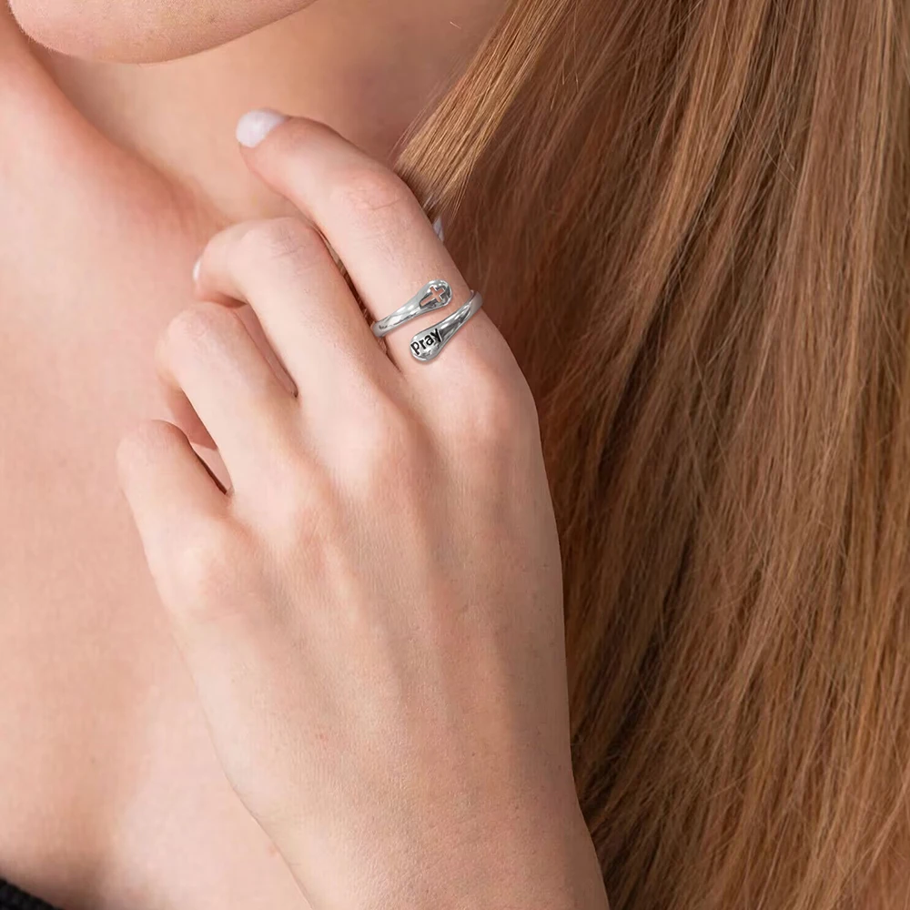 925 Sterling Silver Cross Ring Pray On It Adjustable Open Ring Cross Bless Pray Ring Jewelry Gifts for Women