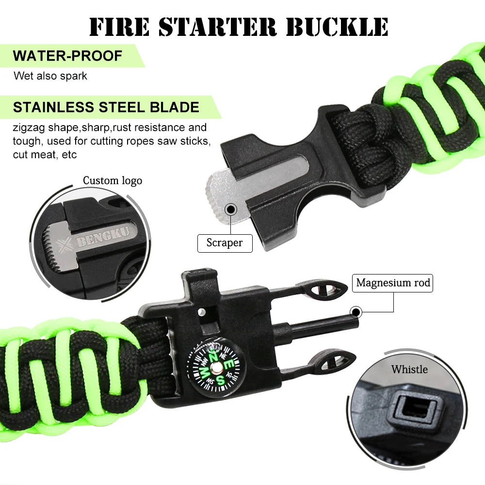 Camping Emergency Whistle fire starter  Parachute Cord Bracelet Glow in the Dark 550 Paracord Survival Bracelet