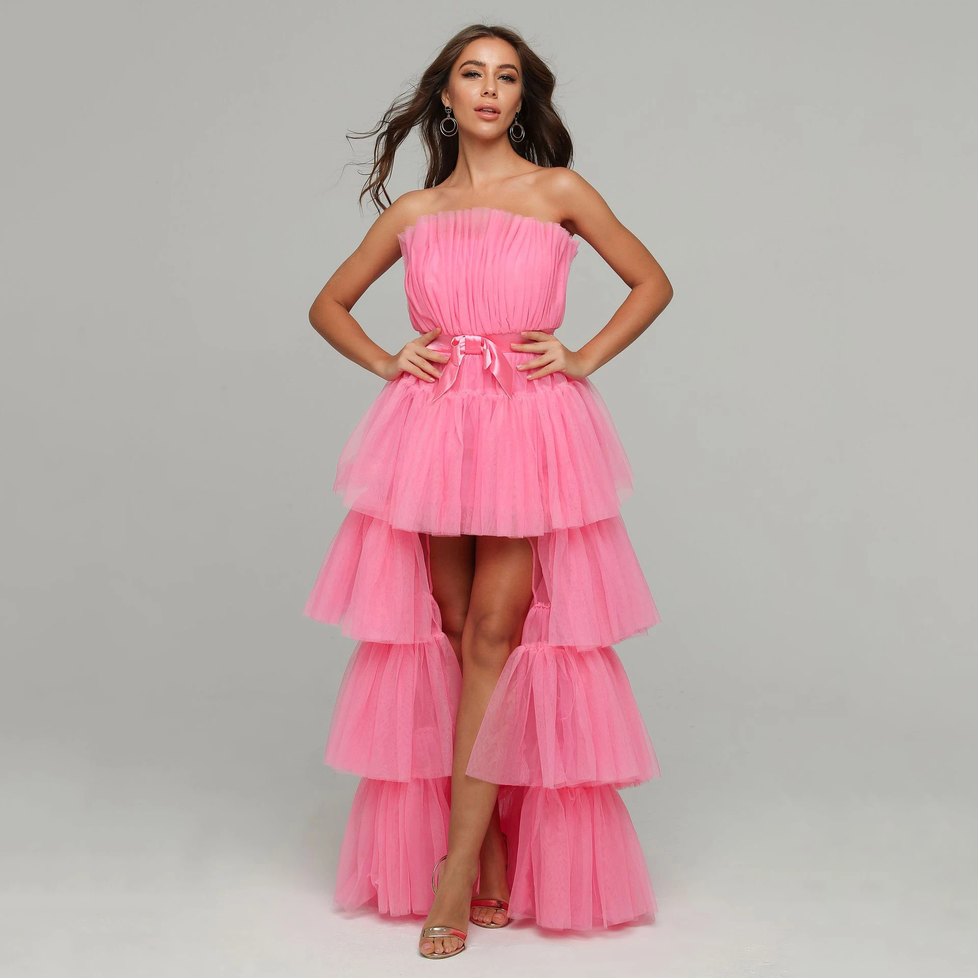 Wholesale Fashionable tunic fluffy mesh dress bare legs floor length princess wedding dress Manufacturer made