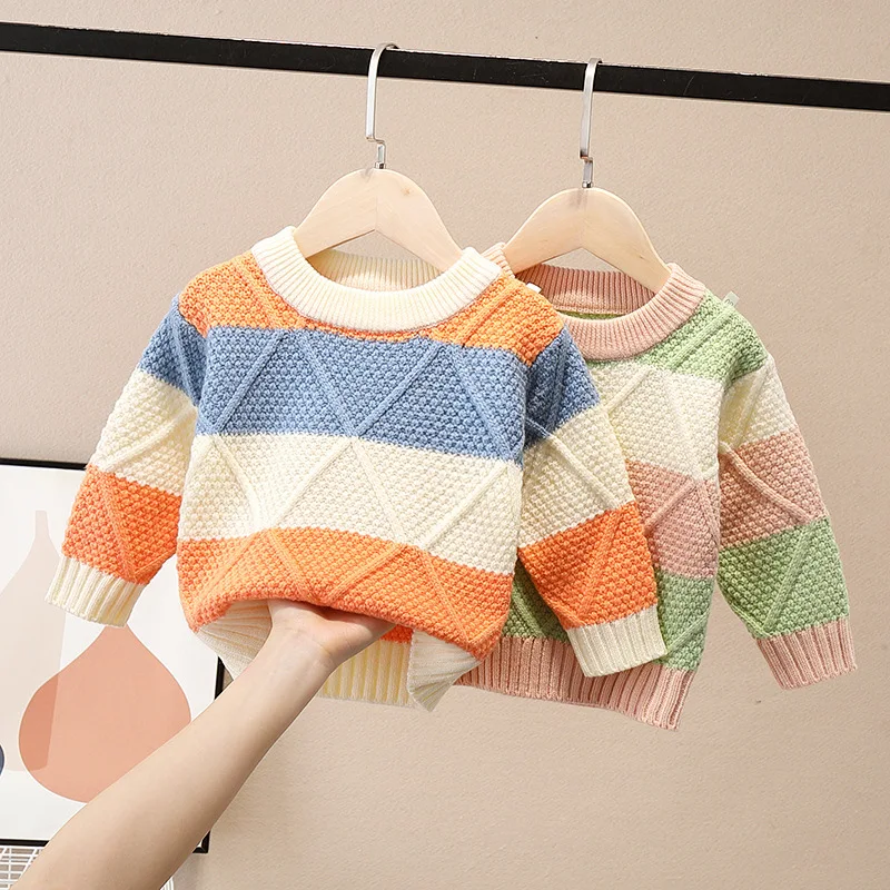Spring Autumn Winter Children Kids Long Sleeve O Neck Rhombus Color Block Knitwear Sweater Baby Boys Knitted Pullover Jumpers