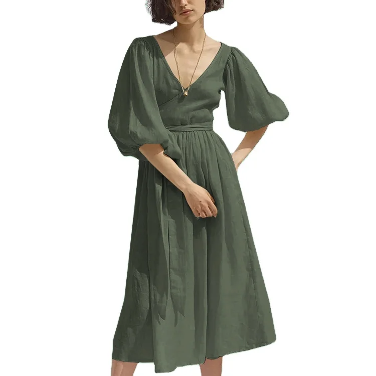 Manufacturer Designer Summer V-neck Leisure High Quality Boho Dress Women Wholesale Green Maxi Custom Ruffle Linen Dress