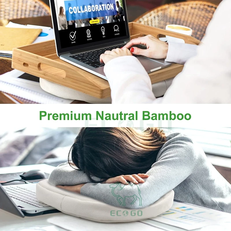 Bamboo Serving Tray with Handle and Pillow, Lap Tray for Laptop, Tablet, Phone, Food Serving Table for Coffee, Breakfast