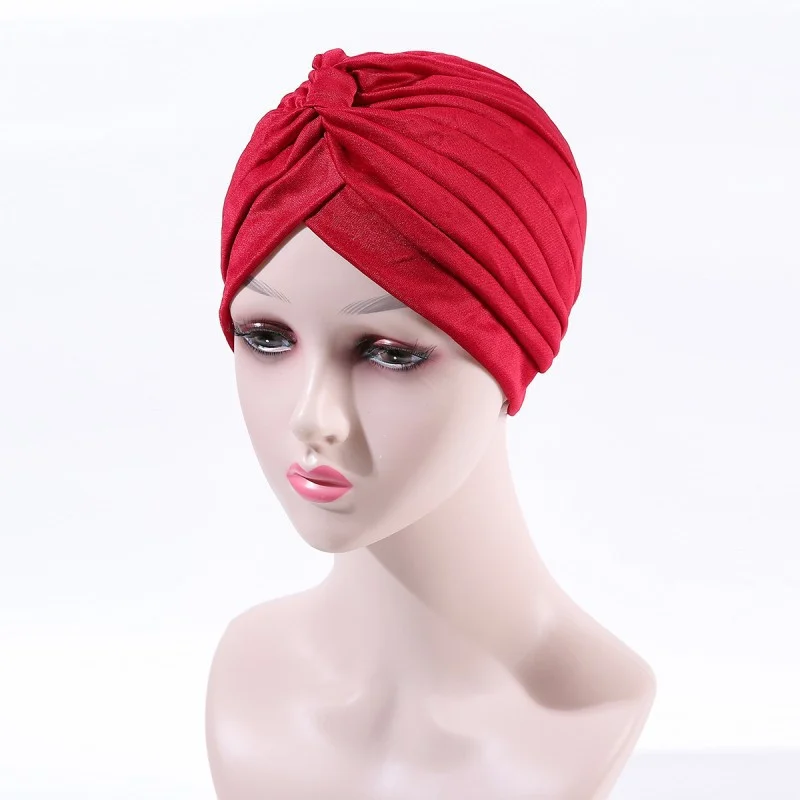 Indian Arab Stretch Jersey Soft Turban Hat African Solid Color Turban Head Wrap Double Layer Elastic Chiffon Instant Hijab