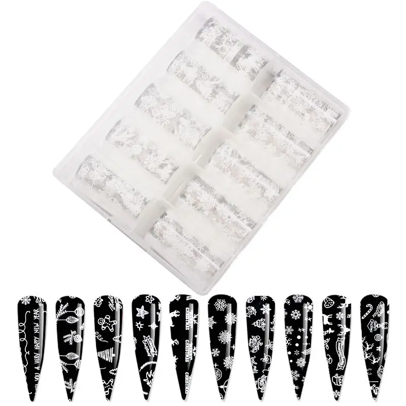 
4cm*100cm/roll 10 Designs White Snow Flake Christmas Nail Foils 