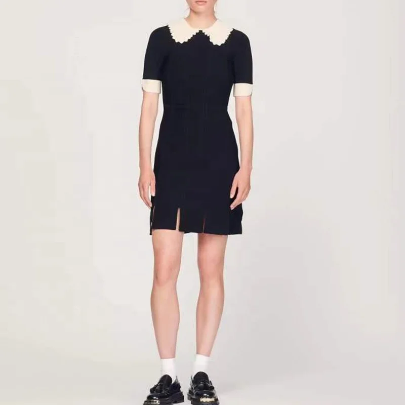 Трикотаж производители пользовательские 2023 лето черного цвета с воротником в кукольном стиле с коротким рукавом свитер трикотажное женское платье миди
