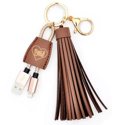 Brown key Ring cable phone charger power tassel keychain genuine leather tassel key chain With usb phone cable fringe