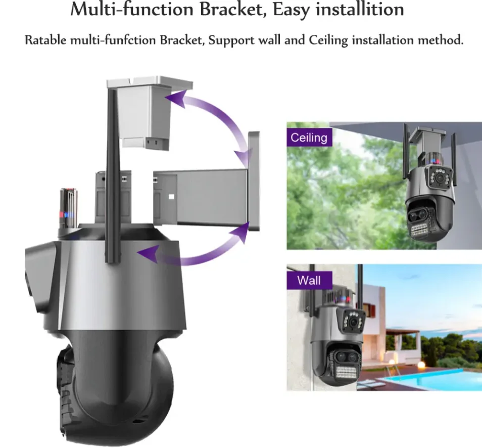 Icsee 9MP triple lens dashboard camera 8X zoom 360 AI PTZ CCTV camera colorful night vision 4K wifi outdoor camera