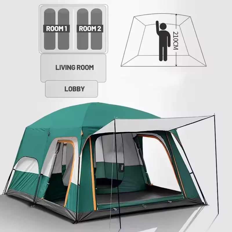 Hiking Equipment Tent 2 Rooms 1 Living Room Waterproof Extra Large Space 8 To 12 Persons Portable Family Outdoor Camping Tent