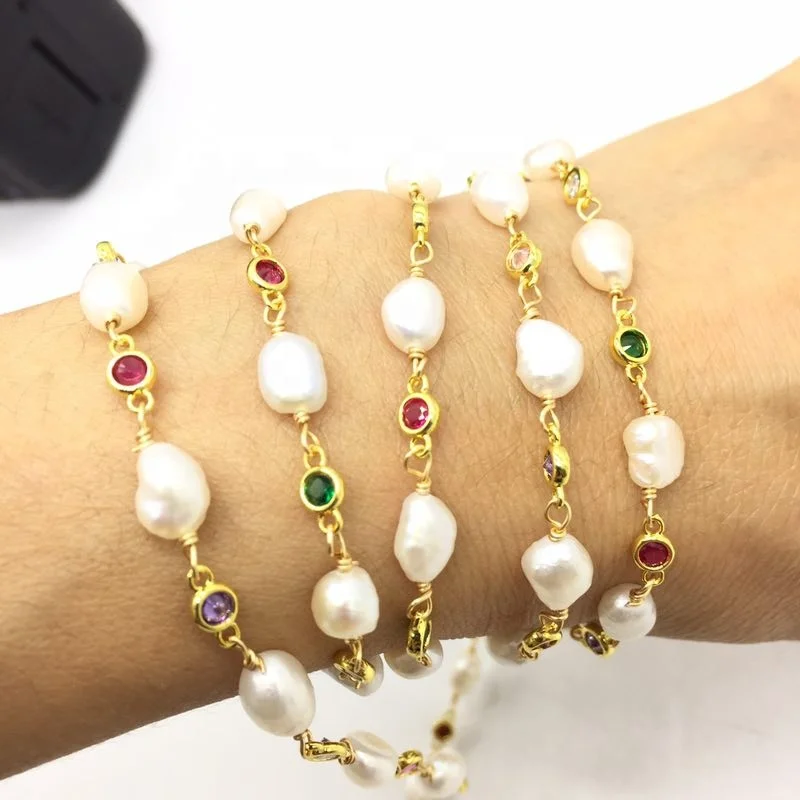 Hotselling Gold Plating Copper Wire Wrapped Natural Pearl and  Zircon Beads Rosary Chain Jewelry