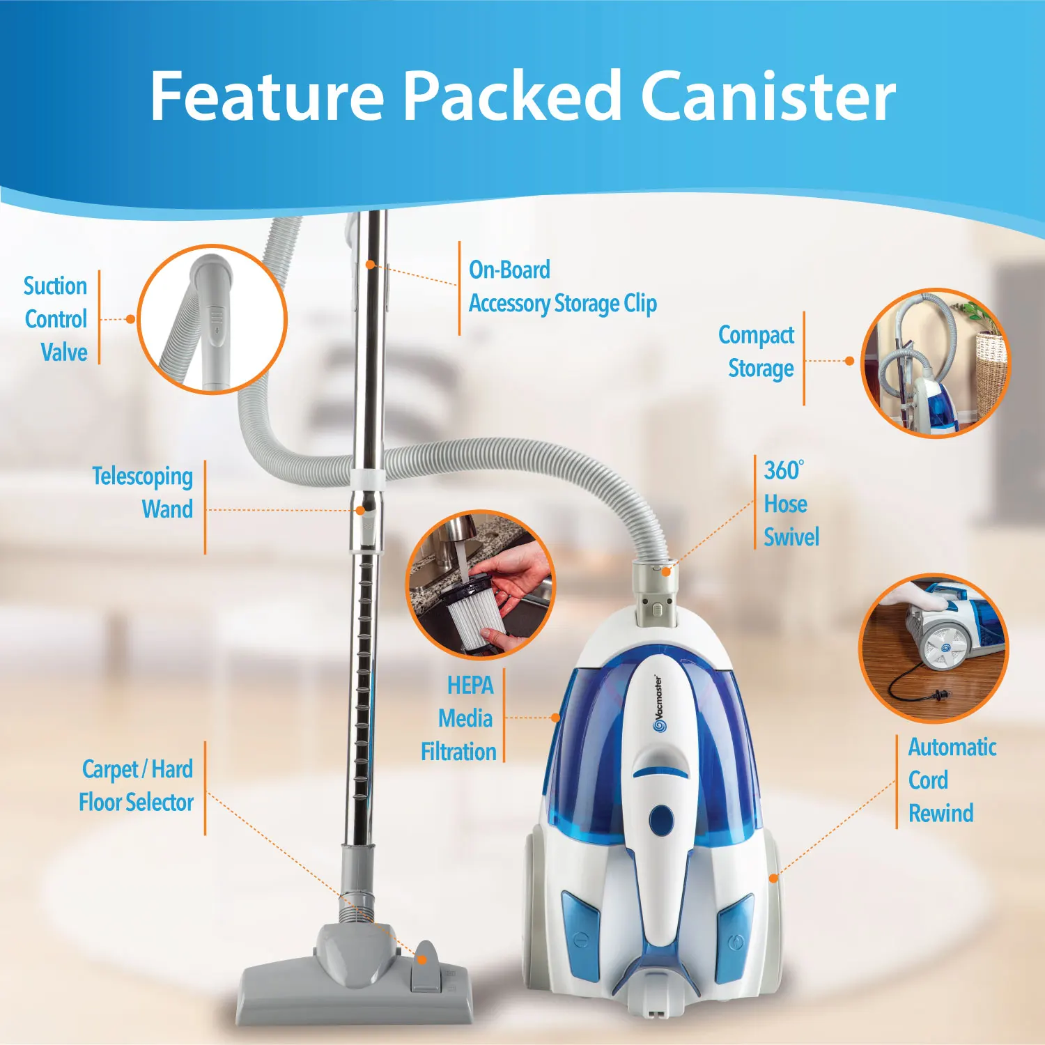 Vacmaster bagless canister vacuum cleaner multi-filtration cyclonic system feature packed, CC0101