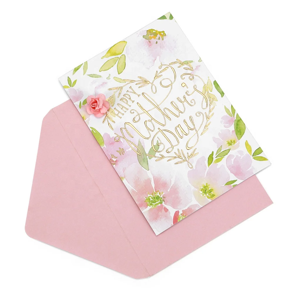 Custom Printing Handmade Rose Paper Flowers Gold Foil Happy Mothers Day Greeting Cards with And Envelopes