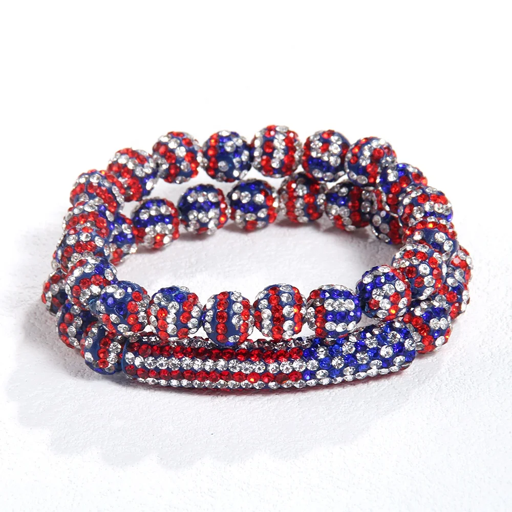 New Fashion 10mm Shiny American Flag Rhinestone Soft Clay Ball Elastic 2pcs Bracelet Set American Independence Day Jewelry