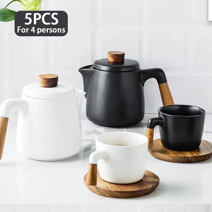 Modern Ceramic Teapot With Acacia Wooden Handle White Black Teapot Ceramic withGift Box