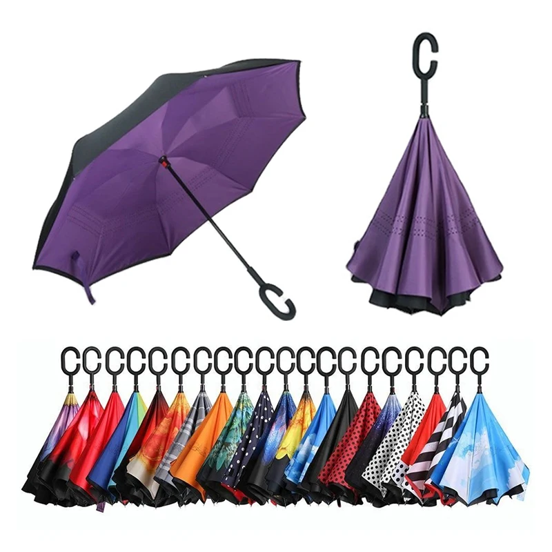 Fancy Travel Portable Rainproof Windproof Car Umbrellas Rubber C Handle Inverted Umbrella With Logo