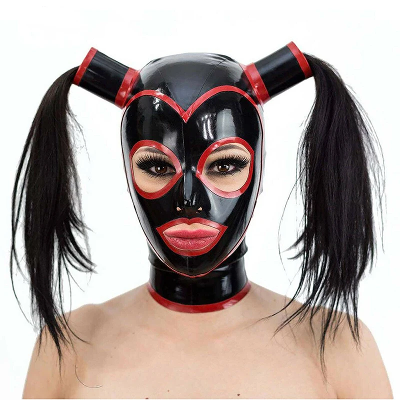 Sexy Latex Handmade Women Hoods Two Red Tress Wig Hair Fetish Mask Heroine Headgear