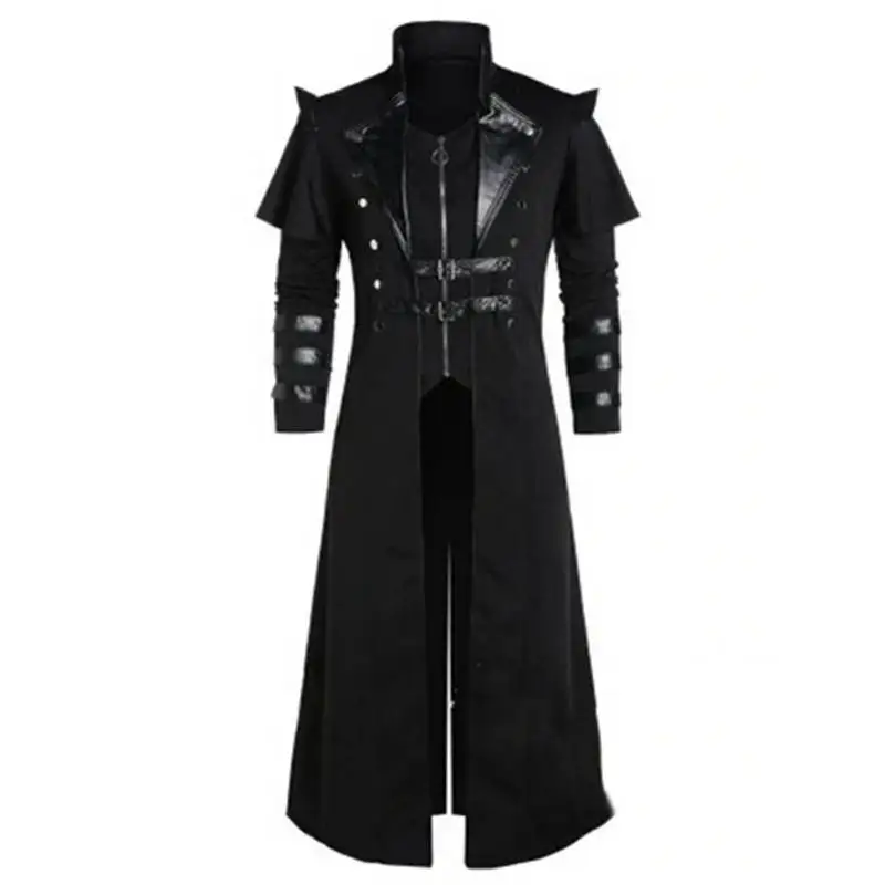 Medieval Steampunk Assassin Elves Pirate Costume Adult Men Black Long Split Jacket Gothic Vintage Halloween Coats